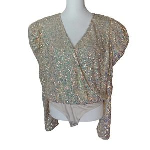 White Birch Black Label XL Bodysuit Sequin Cream Vneck Puff Long Sleeve